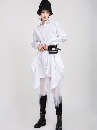 Urban Black&White Lapel Long Sleeves Shirt Dress