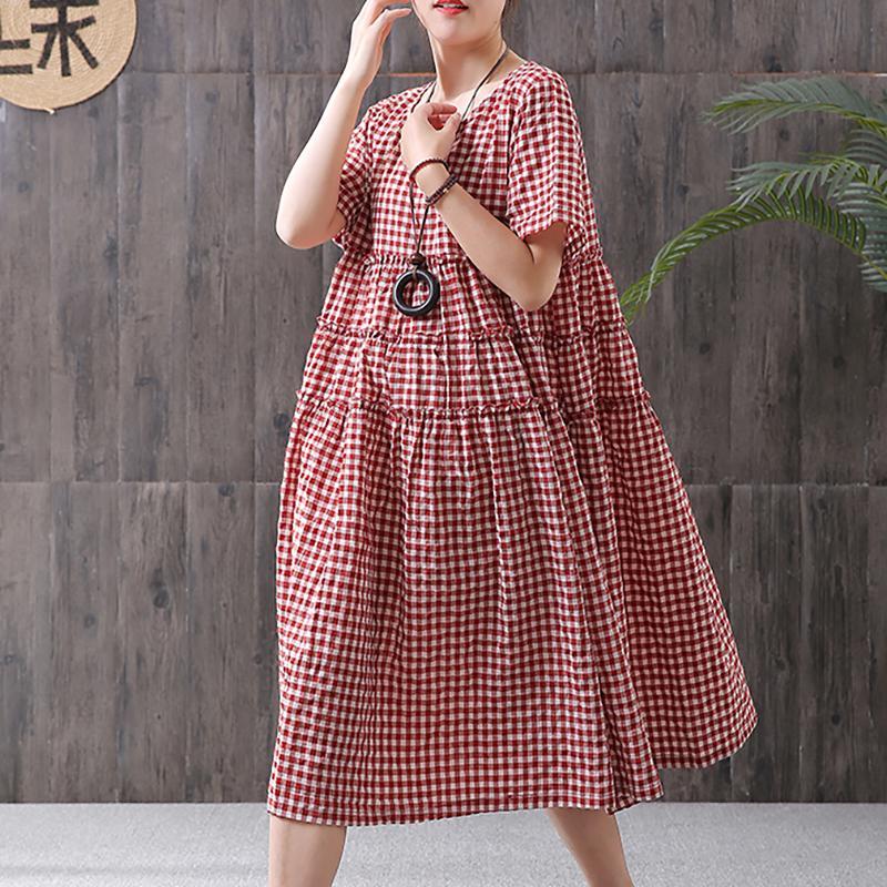 Cotton Linen Short Sleeve Plaid Dress