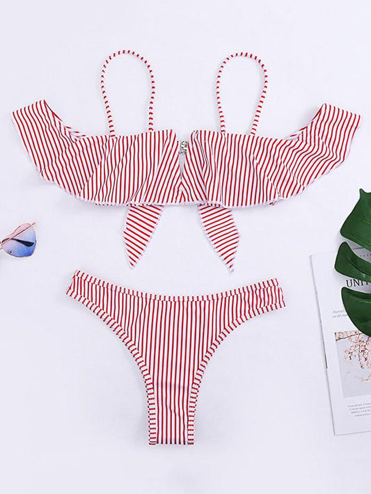 Striped-Print Falbala Split Bikini Swimsuit