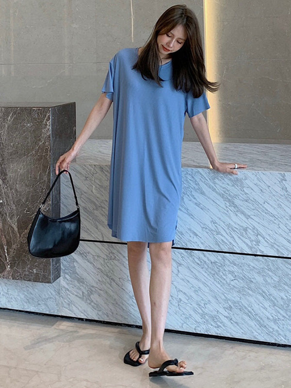 Casual Solid Color Short Sleeve Round-Neck Dress