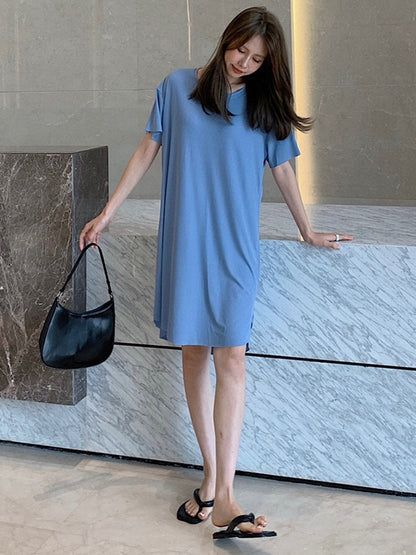 Casual Solid Color Short Sleeve Round-Neck Dress