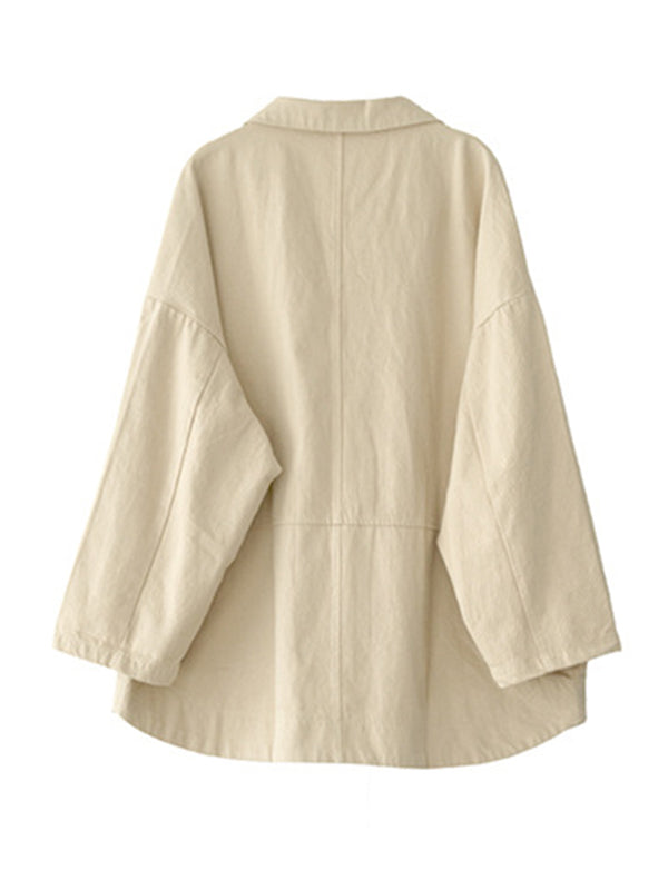 Simple Solid Color Notched Collar Batwing Sleeve Outerwear