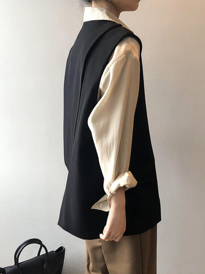 Urban Solid Color Split-Joint With Pocket Split-Back V-Neck Sleeveless Vest Outwear