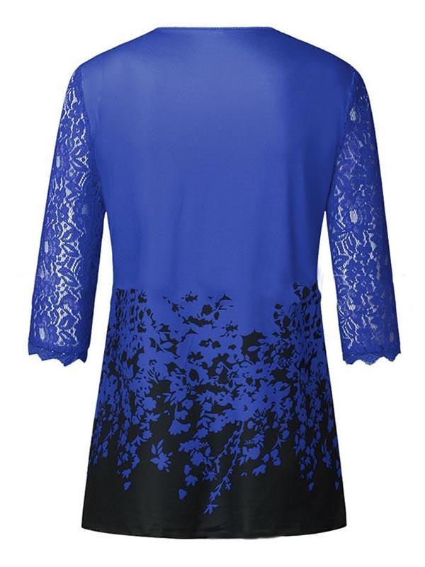 V-Neck Elbow Sleeves Lace Printed Loose Blouse