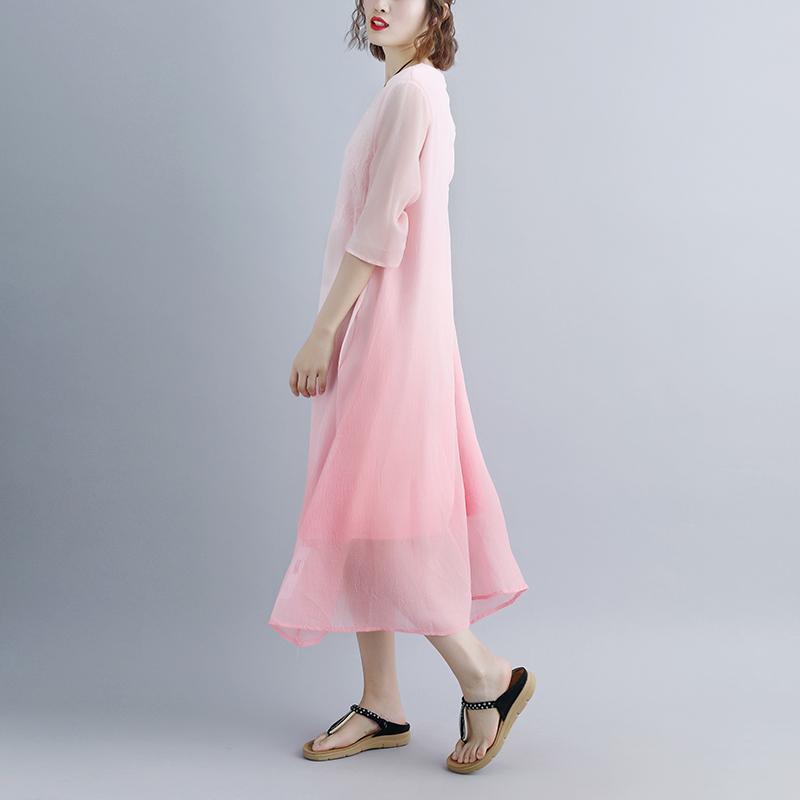 Fake Two-piece Pockets Retro Pink Summer Dress