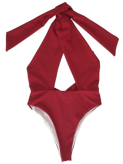 Solid Bandage Halter-neck One-piece Swimwear