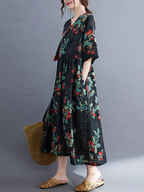 Artistic Retro Loose Tied Floral Printed Pleated V-Neck Short Sleeves Midi Dress