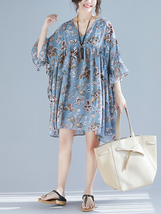 V-neck Fresh Loose Plus Size Floral Mini Dresses