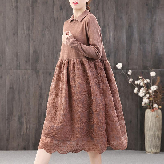 Buykud Stitching Embroidery Double Layer Hem Casual Dress