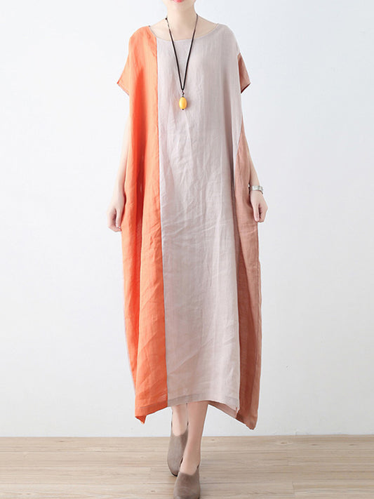 Original Linen Split-Joint Contrast Color Round-Neck Batwing Sleeve Midi Dress
