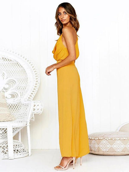 V-neck Backless Loose Solid Bohemia Jumpsuits