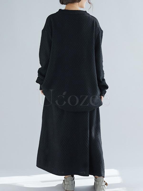 Loose Knitting Round-neck Sweater+Skirt Suits