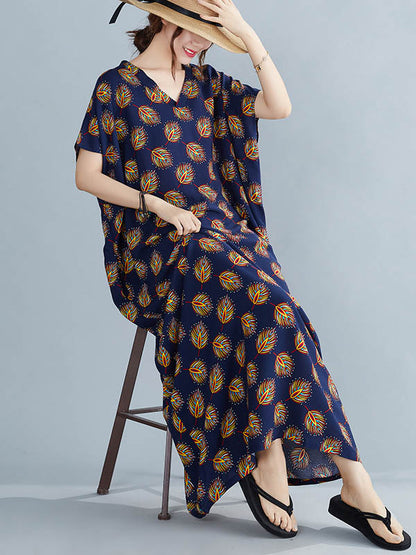 Vintage Printed V-Neck Batwing Short Sleeves Maxi Dress