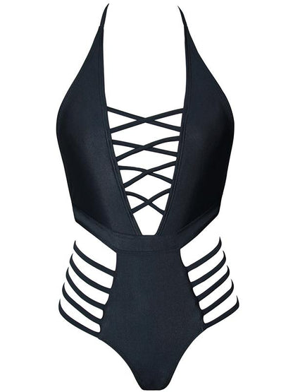 Plain Black Lace-up One-piece Swimwear