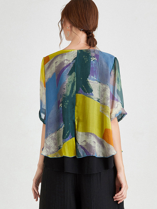 Original Silk Printed Contrast Color T-Shirt Top
