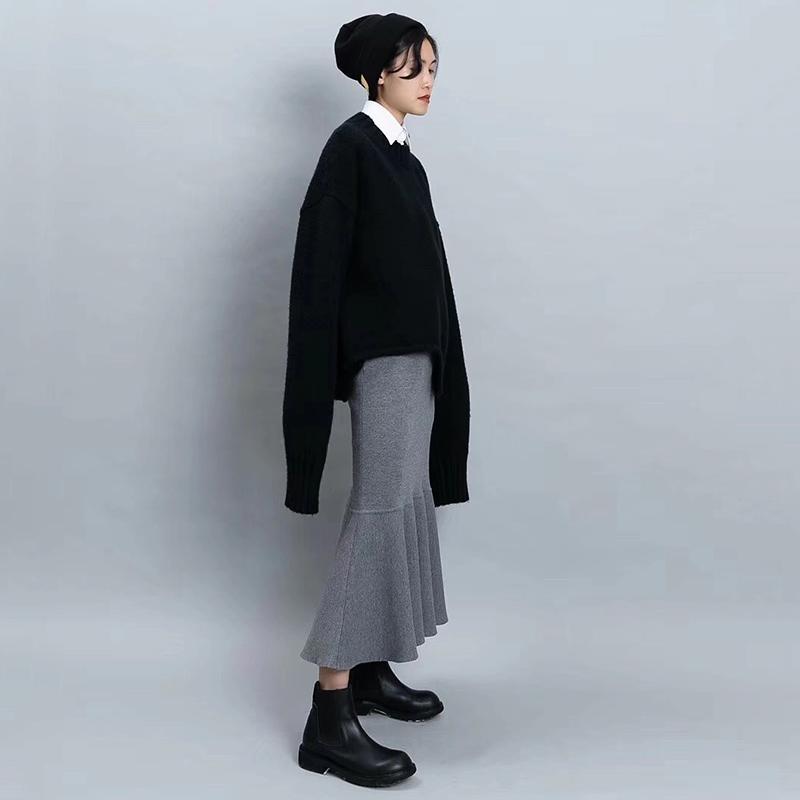 Elastic Waist Ruffles Winter Calf Length Skirt