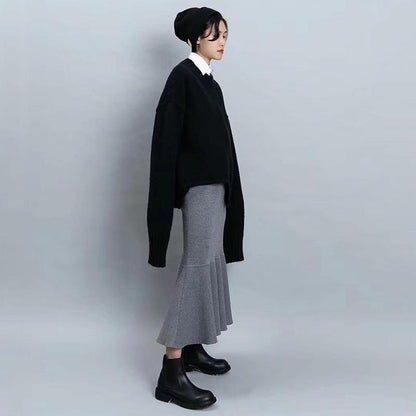 Elastic Waist Ruffles Winter Calf Length Skirt