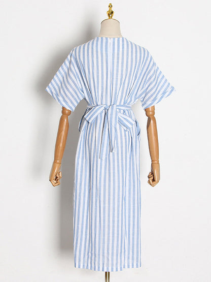 Stylish Striped Round-Neck Raglan Sleeve Midi Dress
