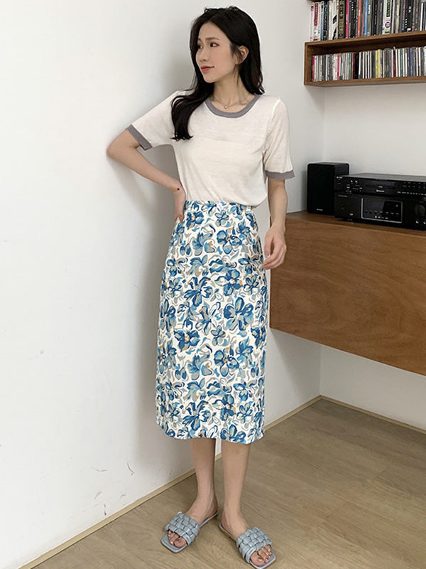 Casual Knitting Round-Neck Contrast Color T-Shirts Tops