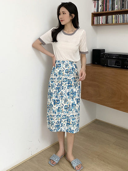 Casual Knitting Round-Neck Contrast Color T-Shirts Tops