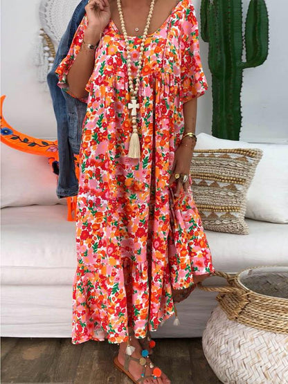 Loose Printed Round Neck Maxi Dress