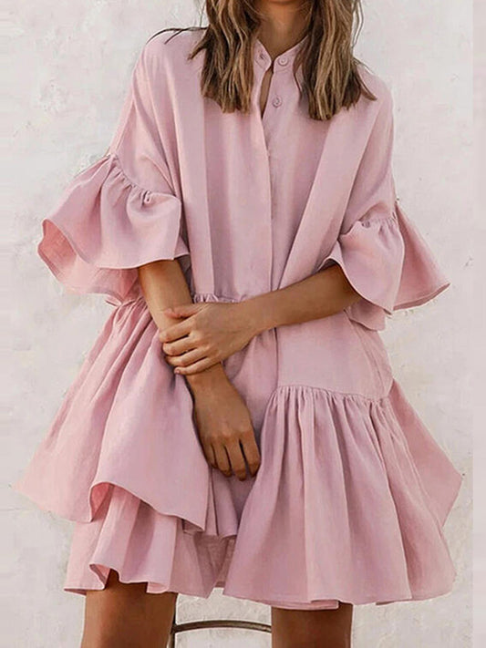 Urban Asymmetric Solid Color Ruffled Buttoned Stand Collar Flared Sleeve Mini Dress