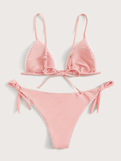 Solid Color Lace Bandage Split Bikini Swimsuit