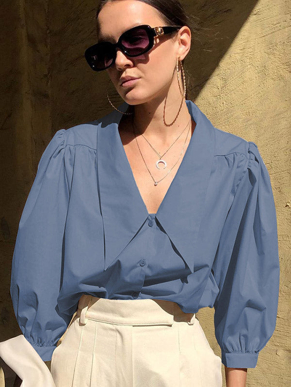 Urban Solid Color Split-Joint Pleated Lapel Collar Bishop Sleeves Shirt