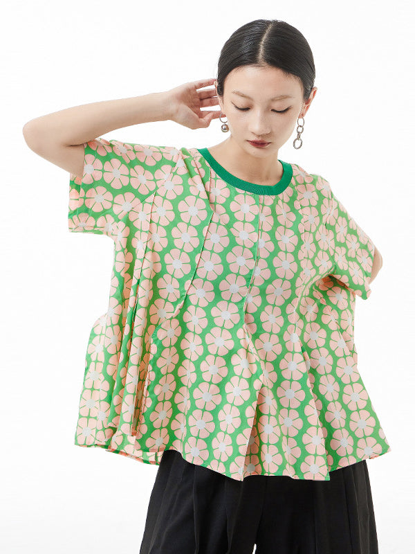 Original Loose Floral Printed Contrast Color Pleated T-Shirt Top