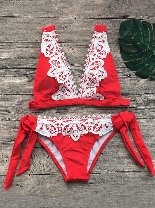 Plain Lace Tie Side Bikini Swimsuit