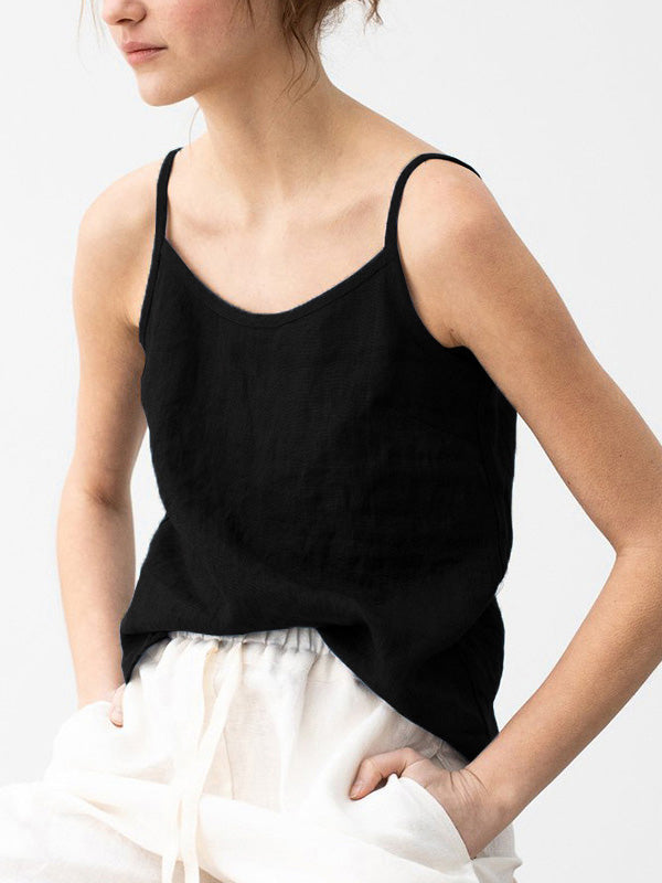 Vintage Ramie Cotton Spaghetti-Neck Round-Neck Mini Dress