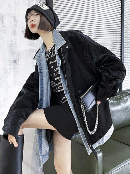 Original Stylish Cool Denim Split-Joint With Pocket Buttoned Lapel Collar Long Sleeves False Two Outwear