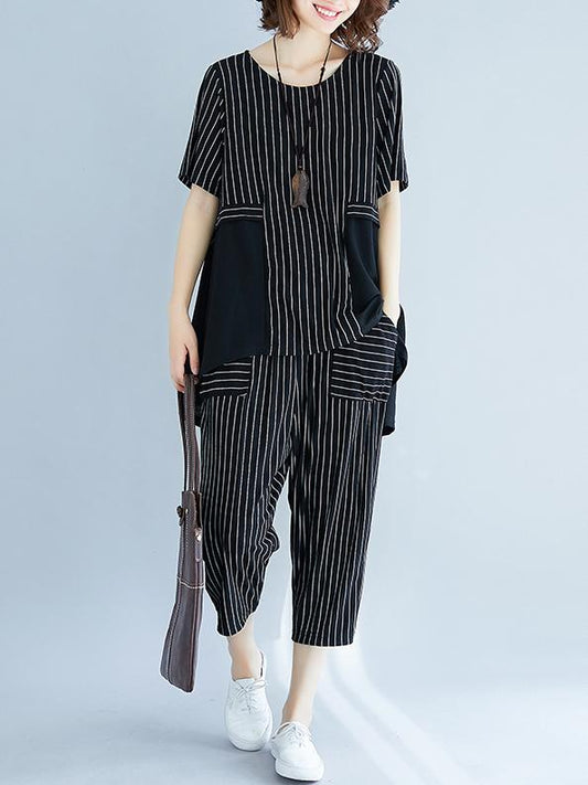 FASHION LOOSE PLUS SIZE STRIPES SUITS