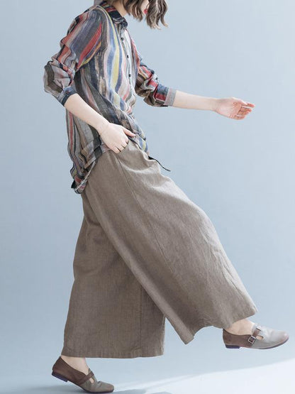Lapel Striped Blouse&Solid Wide Leg Pants Suits