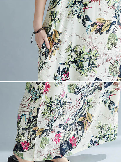 Original Floral Printed Loose Round-Neck Batwing Sleeves Maxi Dress