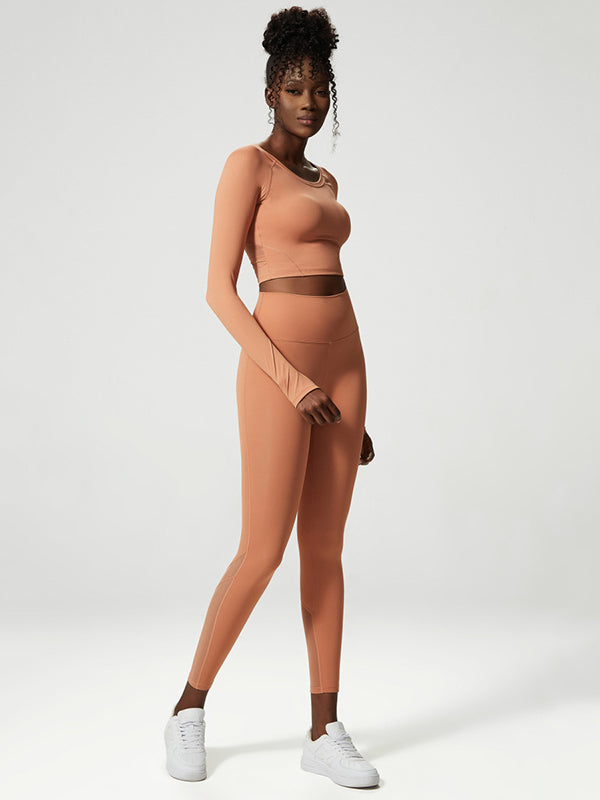 Solid Color U-Neck Long Sleeves Tees&Leggings Suits