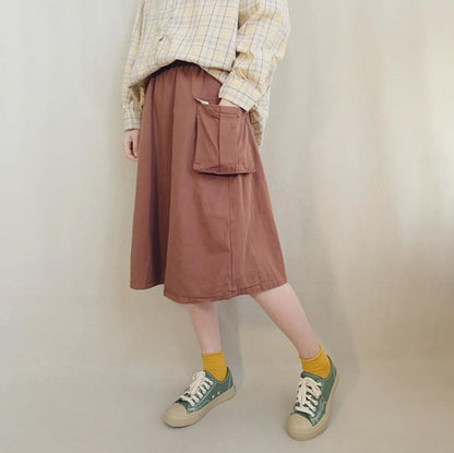 Double Layer Solid Color Pockets A-Line Skirt