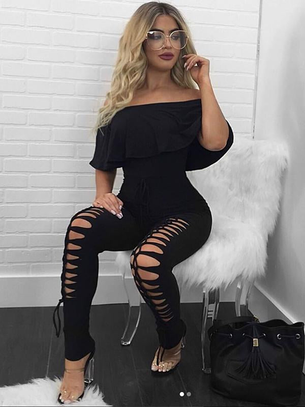 Off-The-Shoulder Lotus Leaf Sleeves Solid Sexy Jumpsuit