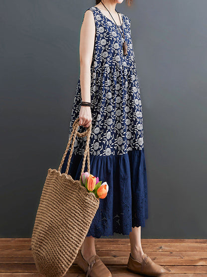Loose Ramie Cotton National Printed Split-Joint Hollow Pleated Round-Neck Sleeveless Midi Dress