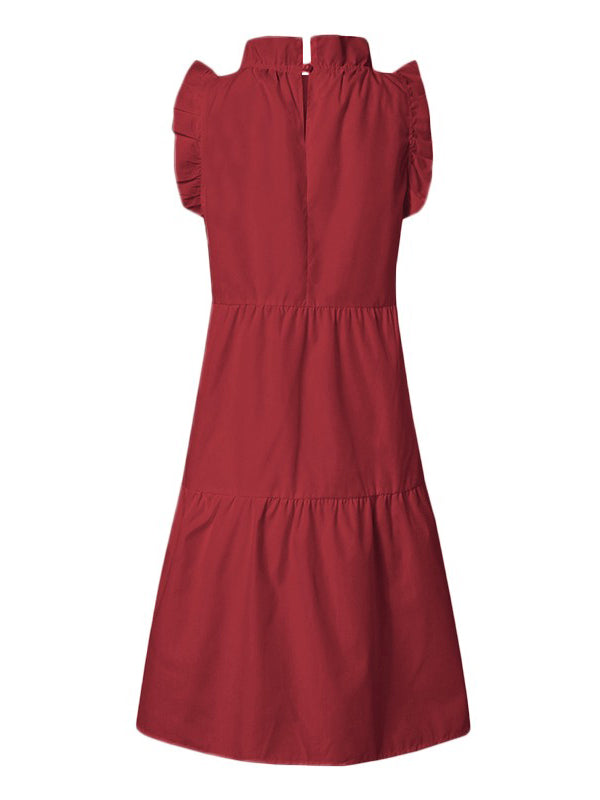 Stylish Solid Color Falbala Sleeveless Stand Collar Midi Dress