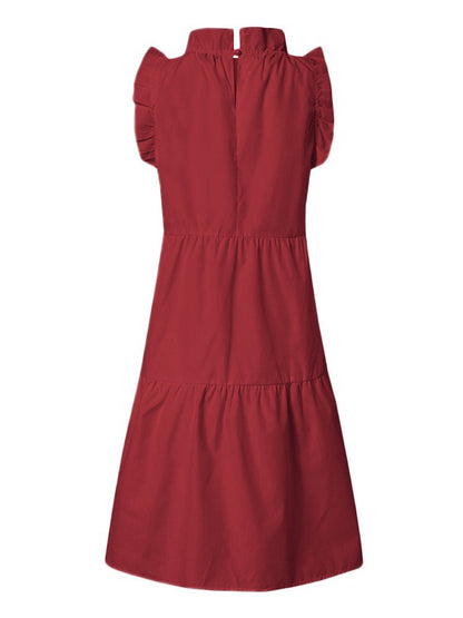 Stylish Solid Color Falbala Sleeveless Stand Collar Midi Dress