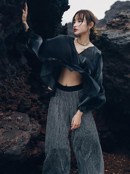 V-neck Chiffon Puff Sleeves Loose Shirt Top