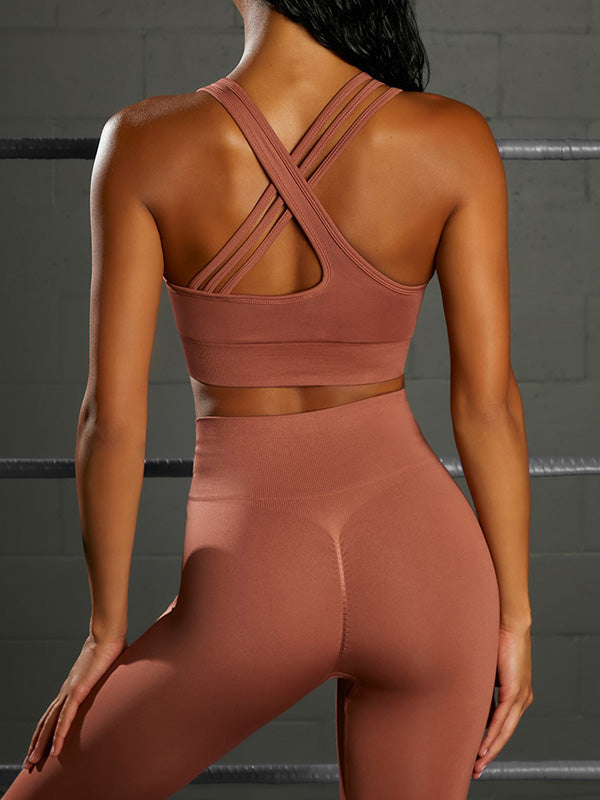 Solid Bra & High-Waist Hip-Lifting Leggings Sports Fitness Suit