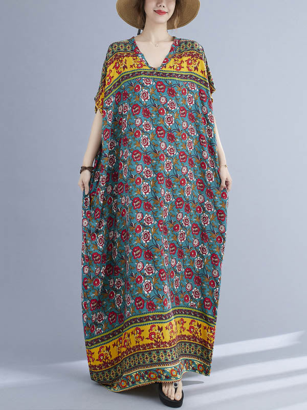 Vacation Flower Print V-Neck Batwing Sleeve Maxi Dress