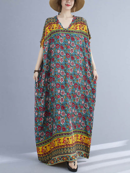 Vacation Flower Print V-Neck Batwing Sleeve Maxi Dress