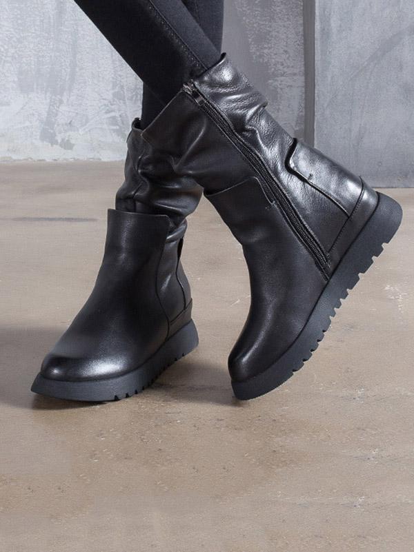 Black Fold Zipper Cow Leather Short Boots