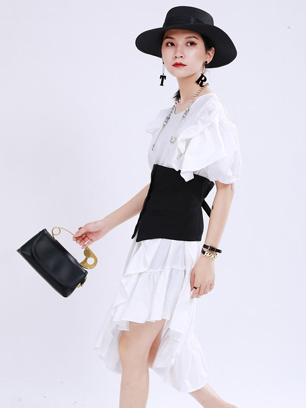 Original Irregular Solid Color Split-Joint Falbala Round-Neck Short Sleeves Midi Dress