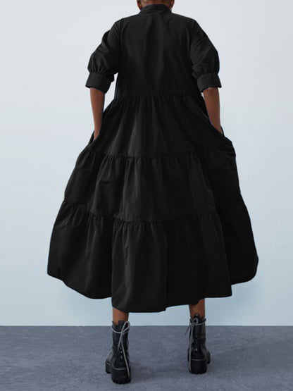 Original Solid Color Split-Joint Pleated Buttoned Stand Collar Half Puff Sleeves Midi Dress