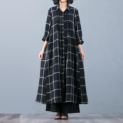 Buykud Plaid Folded Single Breasted Loose Coat