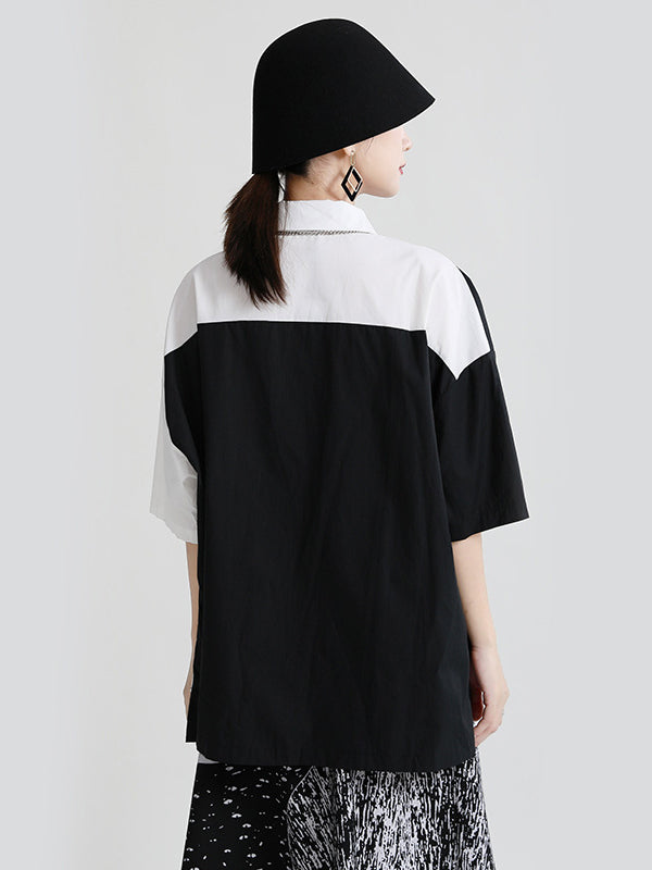 Original Contrast Color Split-Joint With Pocket Buttoned Lapel Color Long Sleeves Blouse